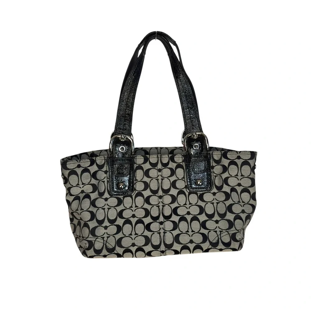 Coach Signature Jacquard Tote Bag Black Gray Patent Leather F13117 Y2K Classic